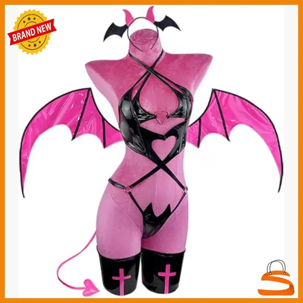 Succubus Cosplay Costume PU Leather Bodysuit with Wings X-Large